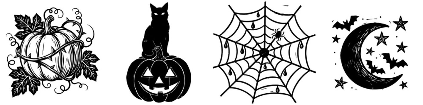 Classic Halloween line art with pumpkins, cat, web and moon