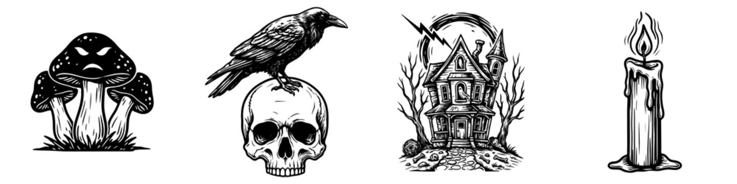 Dark Halloween line art with mushrooms, raven, house and candle