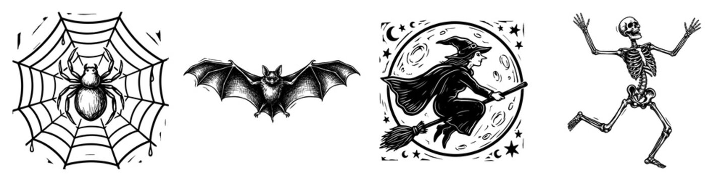 Halloween line art with web, bat, flying witch and skeleton
