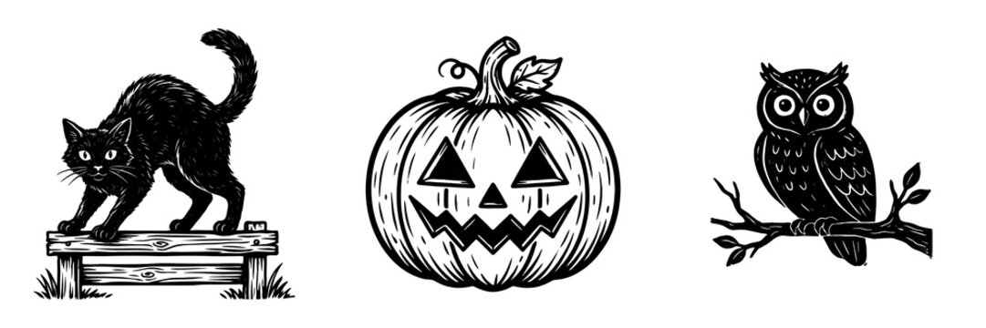 Halloween line art with cat, pumpkin and owl
