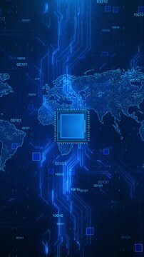 Microchip powers a futuristic model of continents code, nodes digital pathways. worldwide connectivity, edge computing, infrastructure, telecom, logistics, finance, cyber security technology projects.