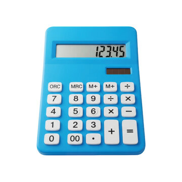 Bright blue digital calculator with white buttons for simple math