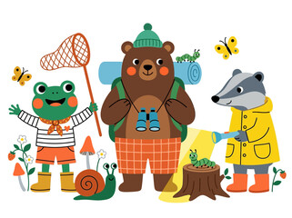 Fototapeta premium Cute Forest Animals Camping Adventure Illustration with Bear, Frog, and Badger