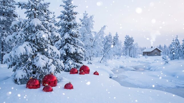 Shiny red Christmas ornaments resting in deep snow near a frozen river and rustic cabin during a light winter snowfall