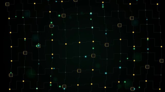 Abstract digital background with glowing yellow and green dots connected by thin lines forming a grid network pattern representing data communication and technology concept 4k Motion Video