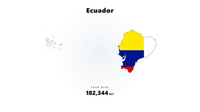 Ecuador country map silhouette with tricolor bands and changing numeric data on bright white infographic background, centered emblem in clean minimal layout for education and travel presentations