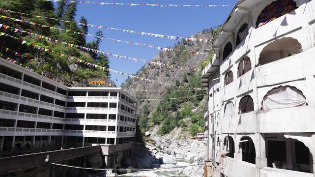 Sacred Manikaran Sahib Gurudwara Surrounded Along the Parvati River with Himalayan Forest