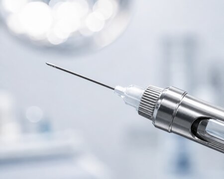 Extreme close-up of a sterile hypodermic needle against a clean clinical background with generous copy space. Perfect for vaccination, medical research, pharmaceutical, and healthcare technology conce