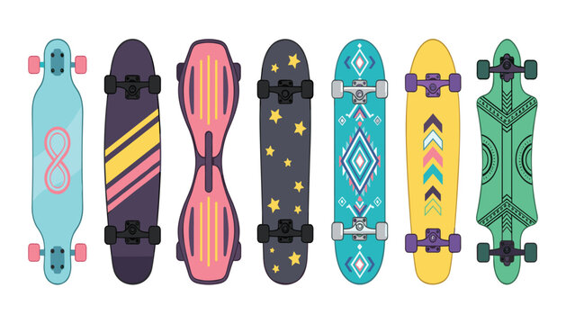 Vector illustration collection of diverse colorful skateboards and longboards with creative patterns isolated on white