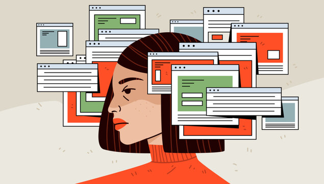 Cognitive overload and browser tabs digital stress screen fatigue overwhelmed woman surrounded by multiple pop-up windows abstract background