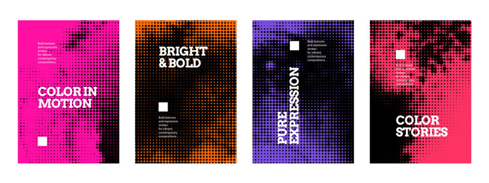 Halftone abstract dotted texture banner set. Grunge shapes background. Minimal modern style. Rough detailed modern posters. Vector isolated illustration.