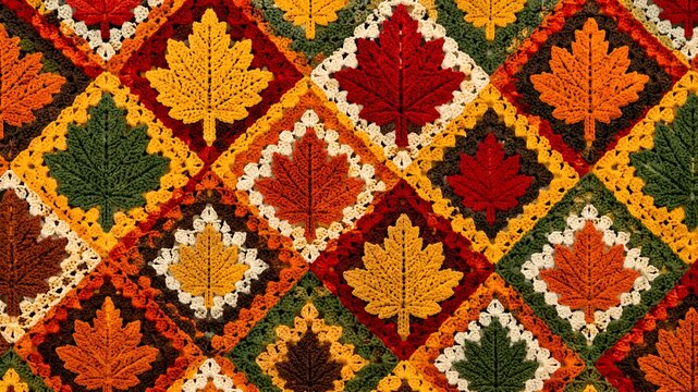 Crochet autumn maple leaf granny square pattern blanket background