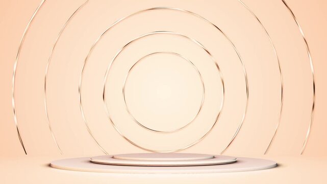 A peach podium stands concentric circles rose gold, display scene. cosmetic products, beauty campaigns, jewelry showcases, perfume launches, fashion branding, online advertising luxury presentations.