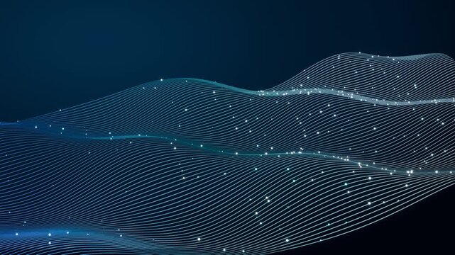 Seamless loop data waves glowing lines particles blue cyan dark ideal for technology presentations corporate event screens data company websites flyers online media and product launch intros