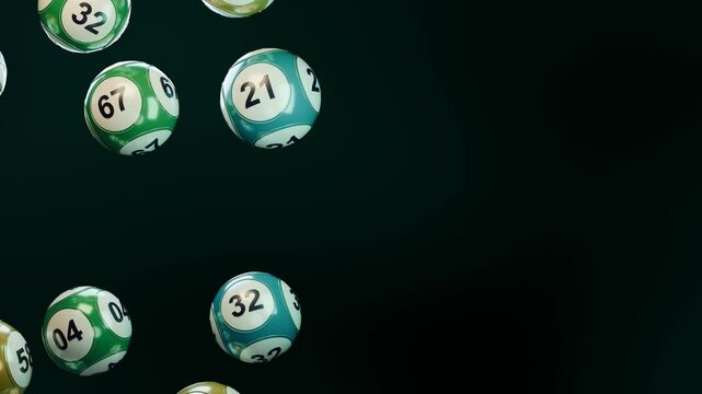 Seamless loop falling lottery balls green gold teal dark background ideal for lottery advertising betting app promotions casino websites flyers digital screens and jackpot draw announcements