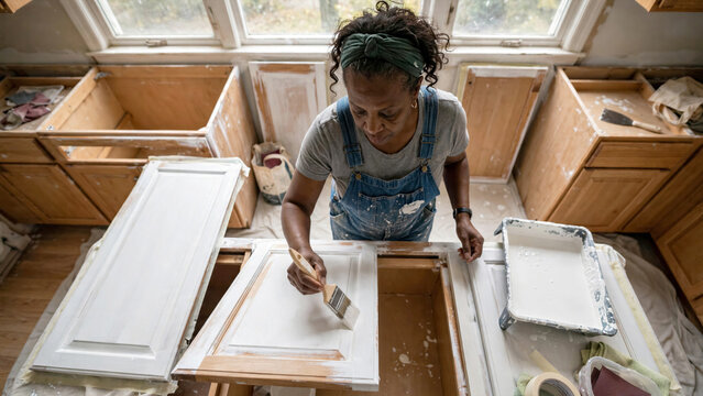 Black female painter carefully applying white primer coat to wooden kitchen cabinets with brush