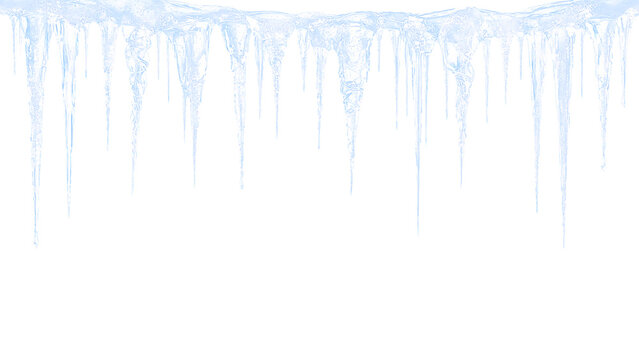 Realistic hanging icicles on transparent background. Frozen winter ice border element. Cold weather and Christmas design template