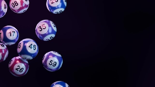 Seamless loop falling lottery balls purple pink neon dark background ideal for lottery advertising betting app promotions casino websites posters landing pages and jackpot draw announcements