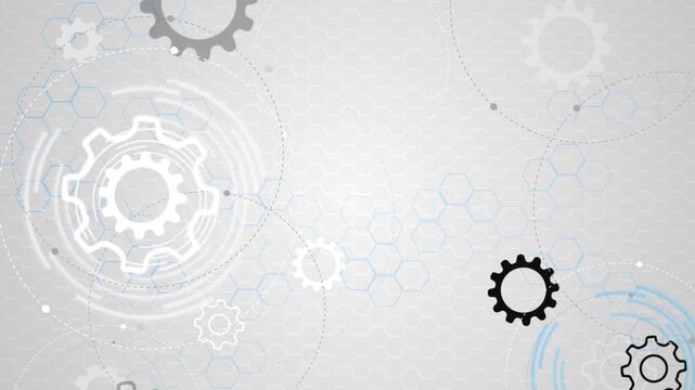 Cogwheel icons move hexagonal network blue linked dotted paths. industrial automation, engineering systems, manufacturing technology, business processes, mechanical innovation corporate presentations.