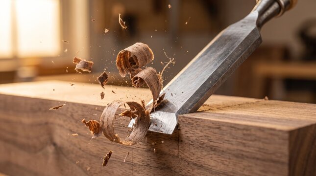 Chisel Shaping Wooden Beam in Workshop