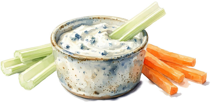 Watercolor illustration of blue cheese dip in a bowl with celery and carrot sticks isolated