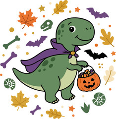 Obraz premium Cute cartoon dinosaur character holding jack-o'-lantern in festive autumn illustration with purple cape