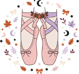 Illustrated ballet slippers with decorative bows and autumn leaves floating around in a whimsical composition © Antara