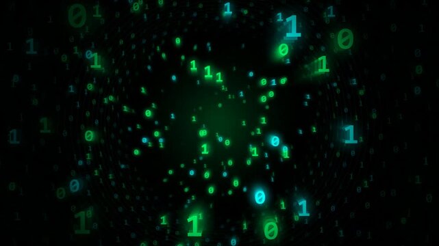 Glowing green binary code numbers floating in dark space representing digital data flow and modern computer technology concept for cyber security and internet background 4k Motion Video