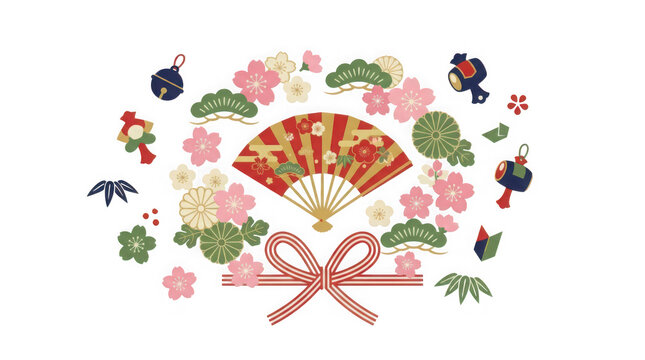 Traditional Japanese decorative fan with floral and cultural elements illustration transparent background
