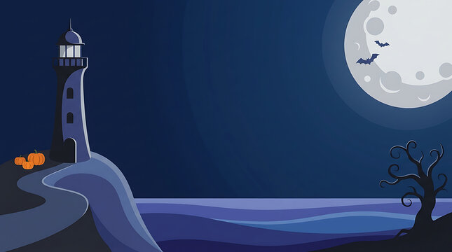 Halloween lighthouse vector illustration with full moon, spooky bats, pumpkins, and bare tree at night