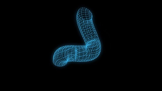Blue glowing wireframe geometric shape rotating in endless loops for professional digital motion