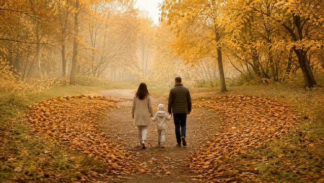 Family with child walking along path in autumn park. Parents holding hands with kid among golden trees and fallen leaves. Autumn family leisure and outdoor walk concept.