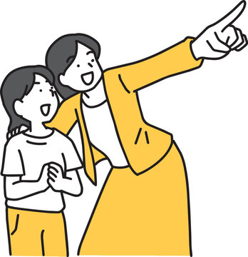 女の子に上を指差して語る女性