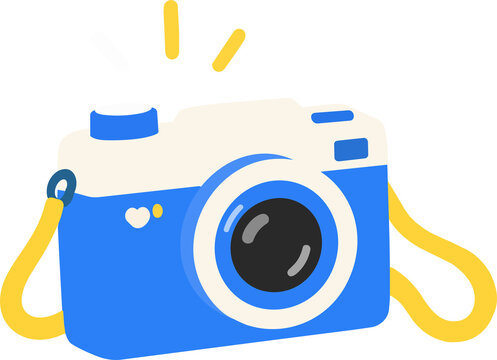 Cute blue retro photo camera with yellow strap and flash effect vector illustration isolated on transparent background.