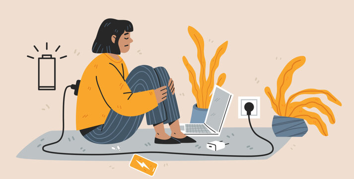Technology dependency and human energy drain concept tech fatigue digital burnout woman connected to laptop by power cord low battery plants home