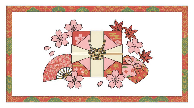 Traditional Japanese Gift Wrapping Paper With Floral Decorations And Knot transparent background