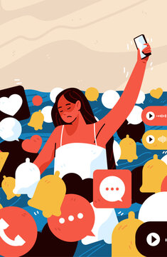Notification overload digital stress overwhelmed woman drowning in smartphone alerts icons social media messages modern flat style website banner