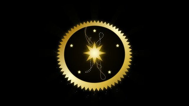 Golden circular badge with glowing star center and decorative cosmic lines on a black background 4k Motion Video