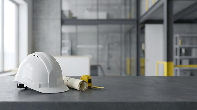 Construction site with a white helmet and rolled blueprints in foreground