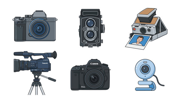 Camera vector illustration set featuring vintage film gear modern dslr mirrorless camcorder webcam and instant photo