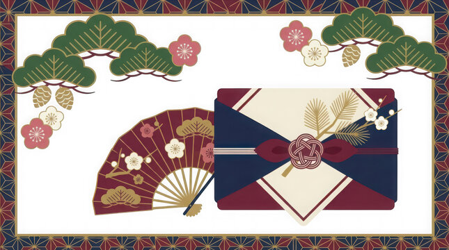 Traditional Japanese Gift Wrapping with Fan and Floral Decorations transparent background