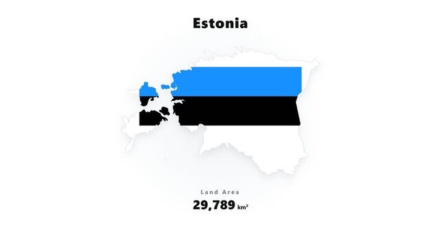 Estonia map silhouette with blue black white tricolor flag bands arranged horizontally, graphic emblem on bright white background with cutout edge for education and tourism use