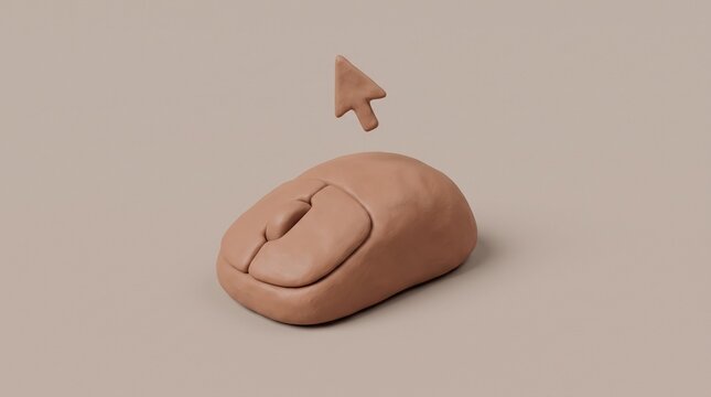 Clay Computer Mouse with Cursor Arrow Digital Technology Concept 3D Plasticine Illustration
