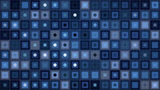Abstract digital background features pulsing blue squares and circles arranged in a modern, rhythmic data grid, loopable animation