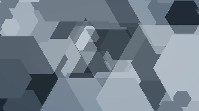 Overlapping blue-gray hexagonal shapes shift continuously in a seamless loopable motion background suitable for tech presentations