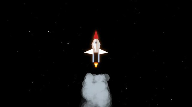 A flat design rocket ship flying through dark deep space with a trail of smoke leaving the planet atmosphere into the starry night sky for a futuristic travel concept 4k Motion Video