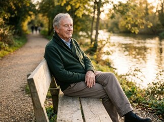 Obraz premium Elderly man relaxes on a wooden bench by a sunlit river, embodying serene senior lifestyle and peaceful contemplation