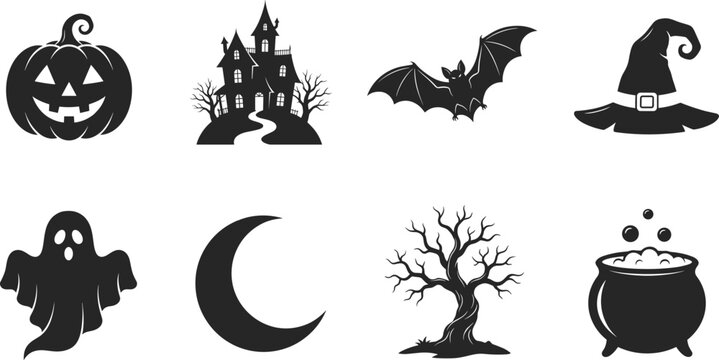 PrintHalloween Black Silhouette Collection with Pumpkin Haunted House Bat Witch Ghost Moon Tree Cauldron