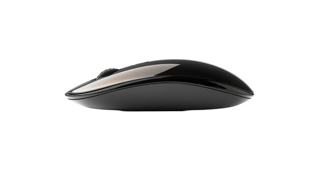 Sleek glossy black wireless computer mouse shown from a side profile view as a high quality PNG file with transparent background