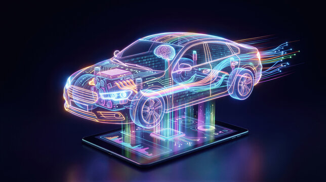 Holographic car projection above tablet with glowing neon wireframe and digital data. Computer diagnostics and repair of vehicle. Automotive technology, artificial intelligence and futuristic service
